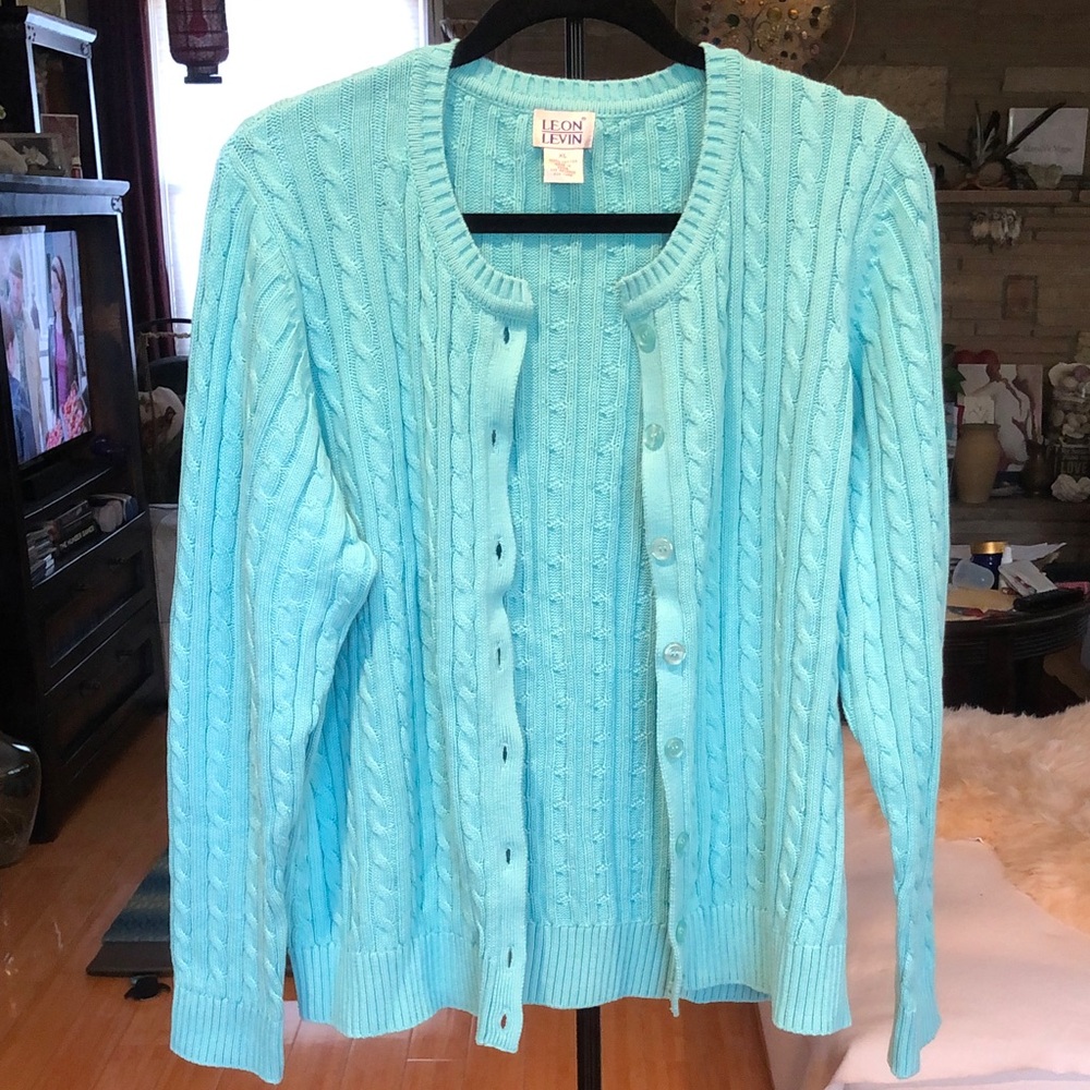 Leon Levin Women's Cable Knit Aqua 100% Cotton Cardigan Sweater